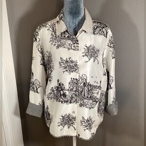 Chic Black and White Toile Print Button Down Shirt